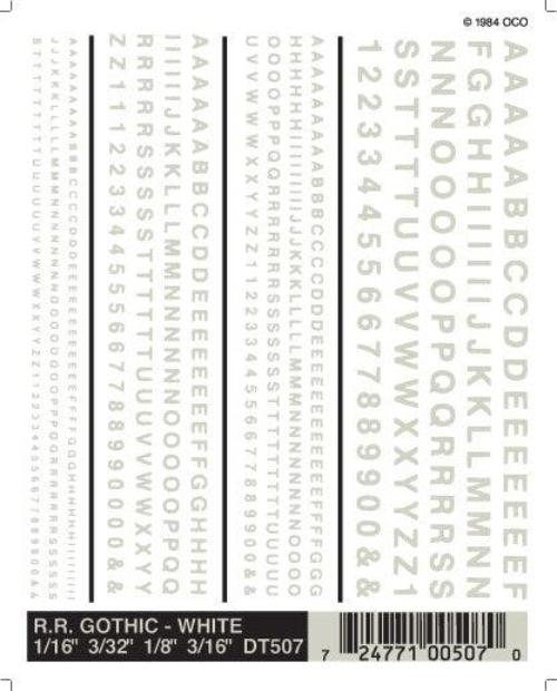 Woodland Scenics DT507 RR Gothic White Decals 1/16-3/16" Train Decal Sheet
