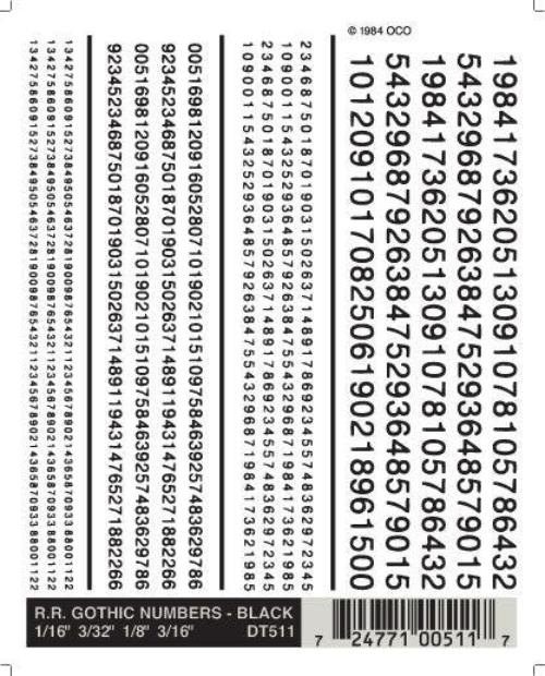 Woodland Scenics DT511 RR Gothic Numbers Black 1/16-3/16" Train Decal Sheet