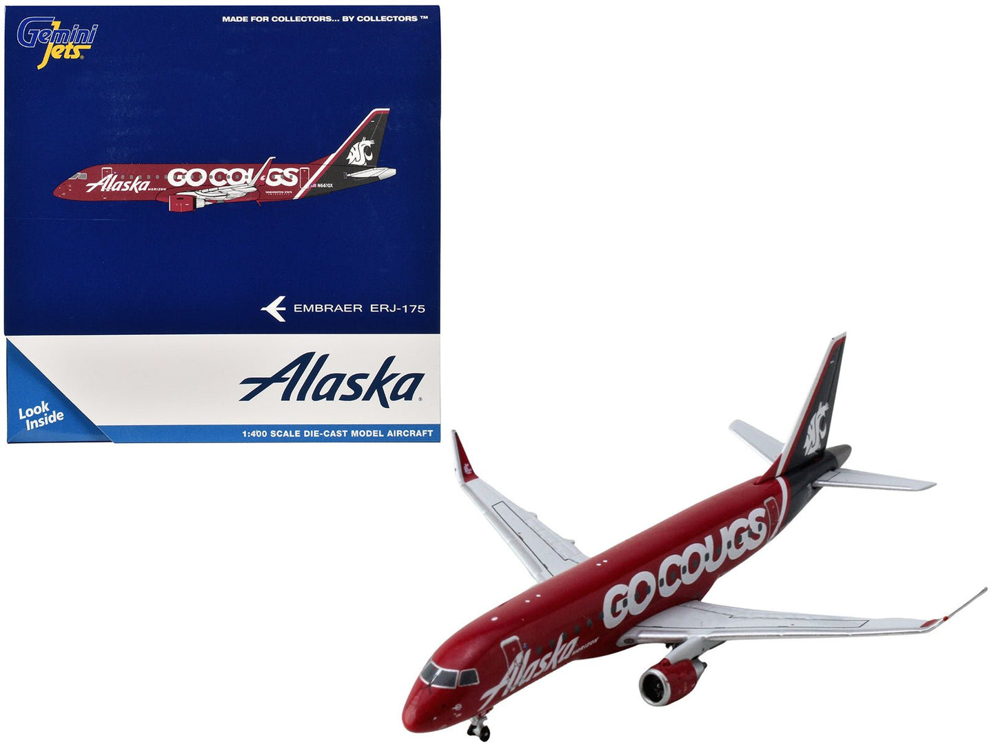Embraer ERJ-175 Commercial Aircraft "Alaska Airlines/Horizon - Washington State Cougars" (N661QX) Red with Gray Tail 1/400 Diecast Model Airplane by GeminiJets free shipping USA