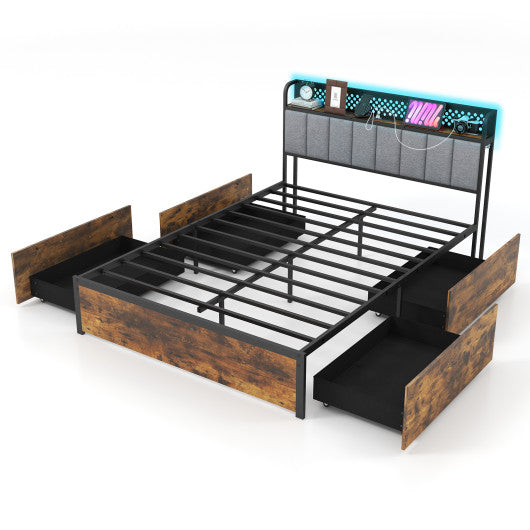 Twin/Full/Queen Bed Frame with LED Lights Upholstered Headboard and 4 Storage Drawers-Full Size