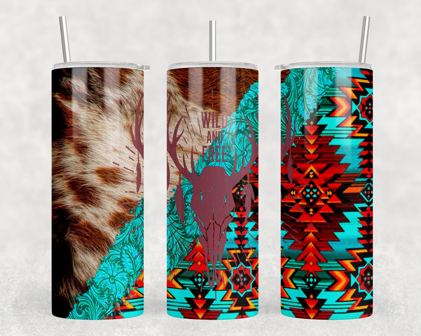 faux cowhide Aztec Deer Skull - 20 oz Steel Skinny Tumbler - Optional Blue Tooth Speaker - Speaker Color will Vary by Rowdy Ridge Co