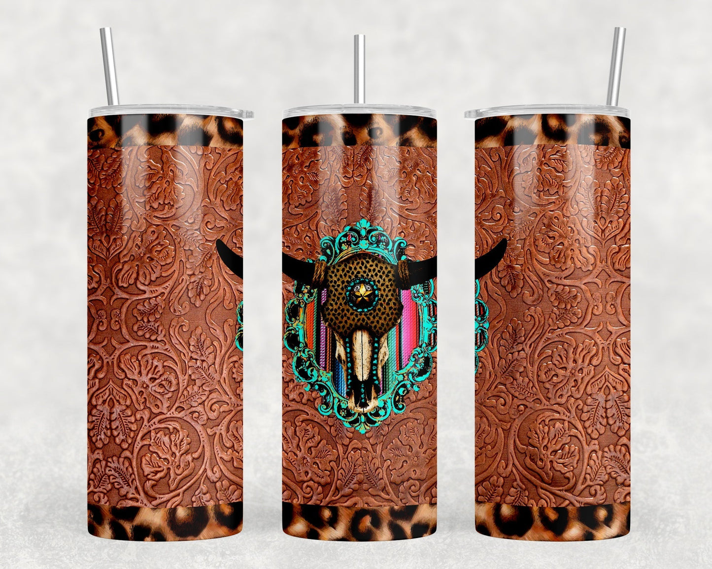 faux leather Bull Skull - 20 oz Steel Skinny Tumbler - Optional Blue Tooth Speaker - Speaker Color will Vary by Rowdy Ridge Co