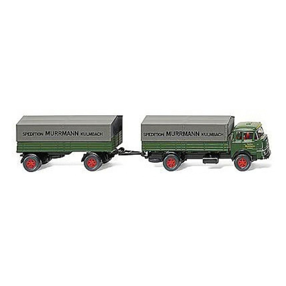 Wiking 48601 HO Scale Krupp 806 Low-Side Truck w/Trailer & Canvas Covers - Assembled -- Spedition Murrmann (green, gray, red, German Lettering)