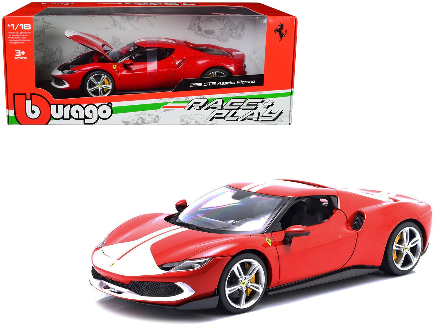 Ferrari 296 GTB Assetto Fiorano Red with White Stripes "Race + Play" Series 1/18 Diecast Model Car by Bburago free shipping USA