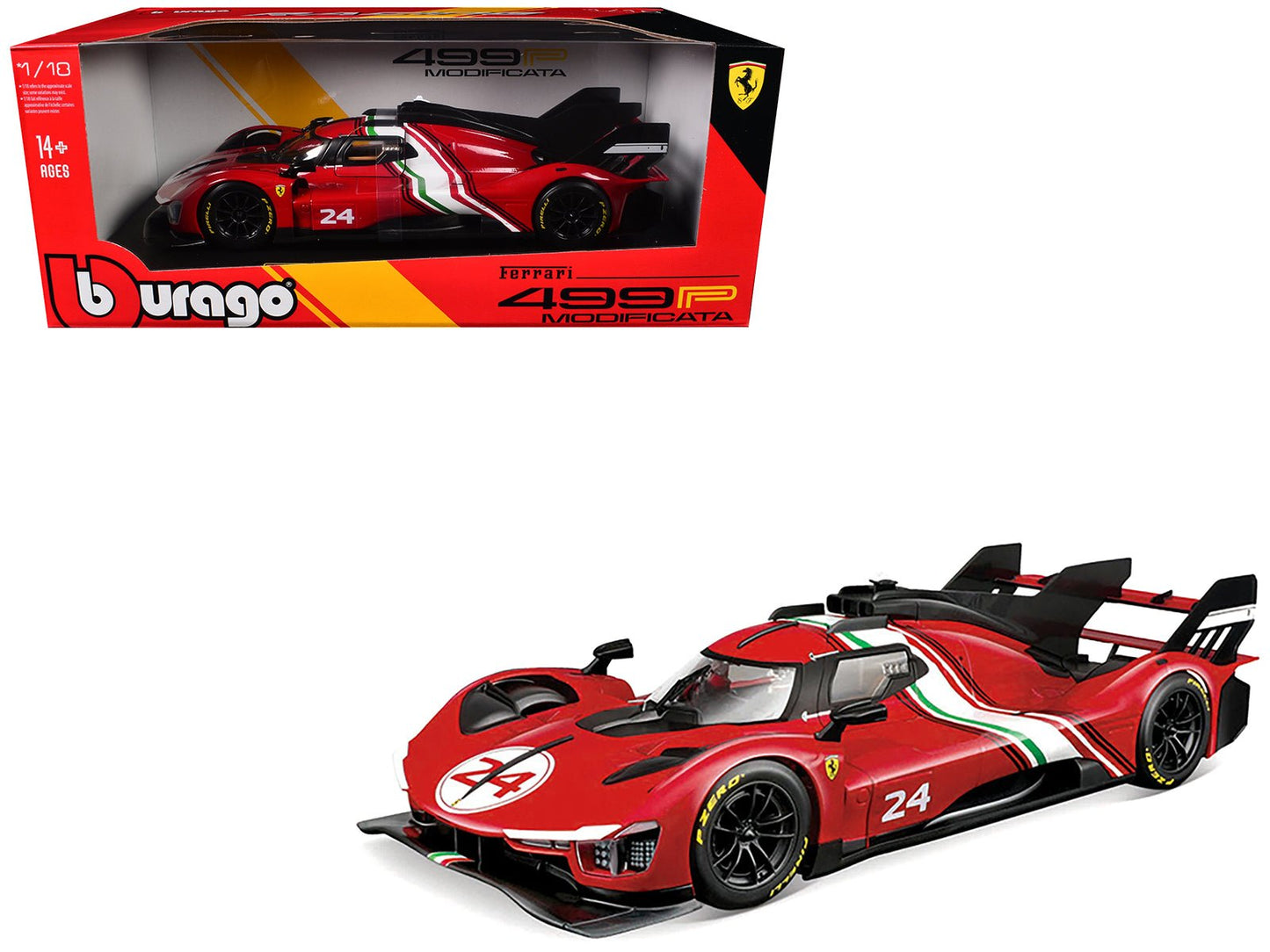 Ferrari 499P Modificata #24 Red with Italian Flag Stripes "Racing" Series 1/18 Diecast Model Car by Bburago free shipping USA