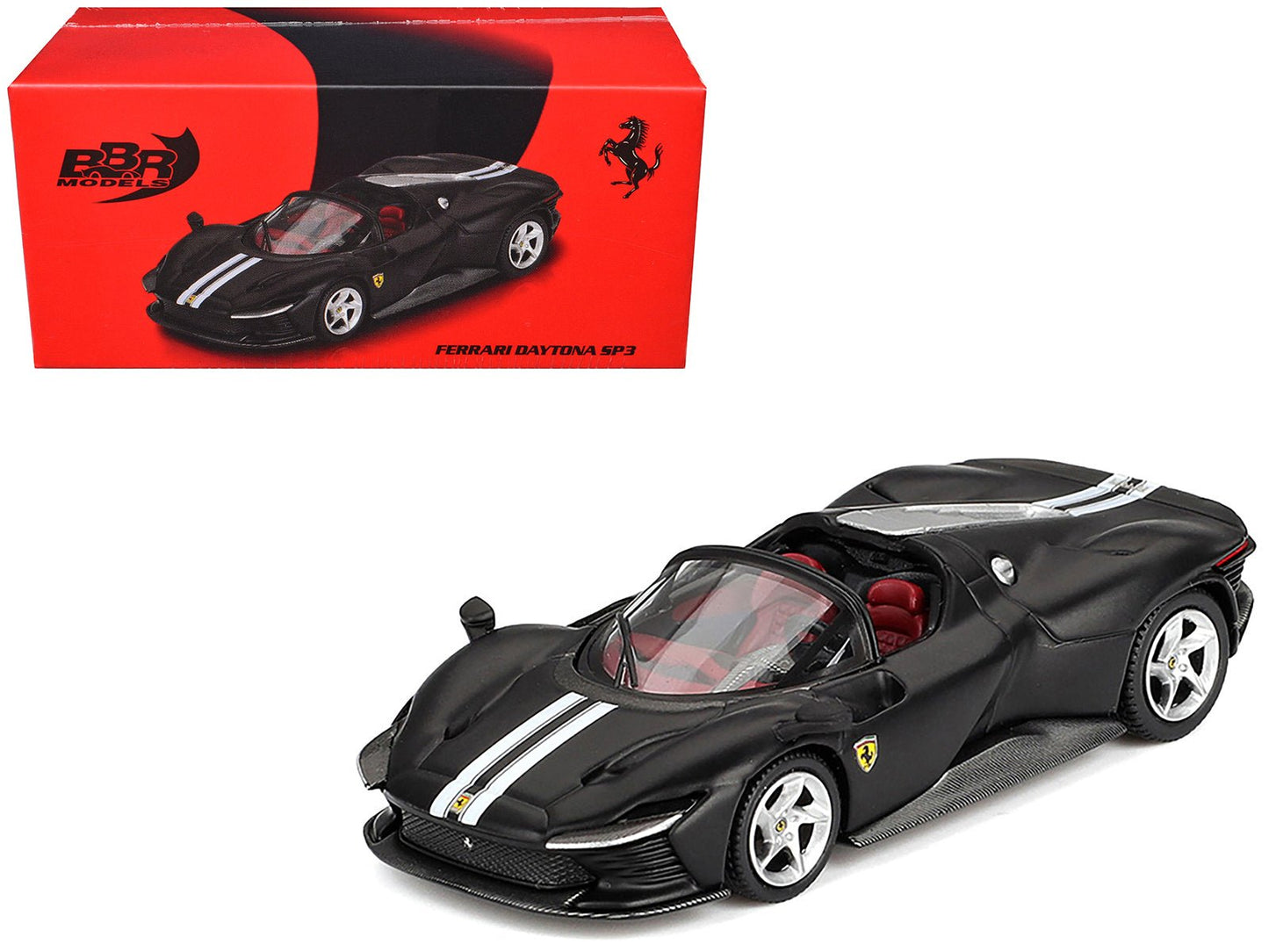 Ferrari Daytona SP3 Matt Black with White Stripes and Red Interior 1/64 Diecast Model Car by BBR free shipping USA