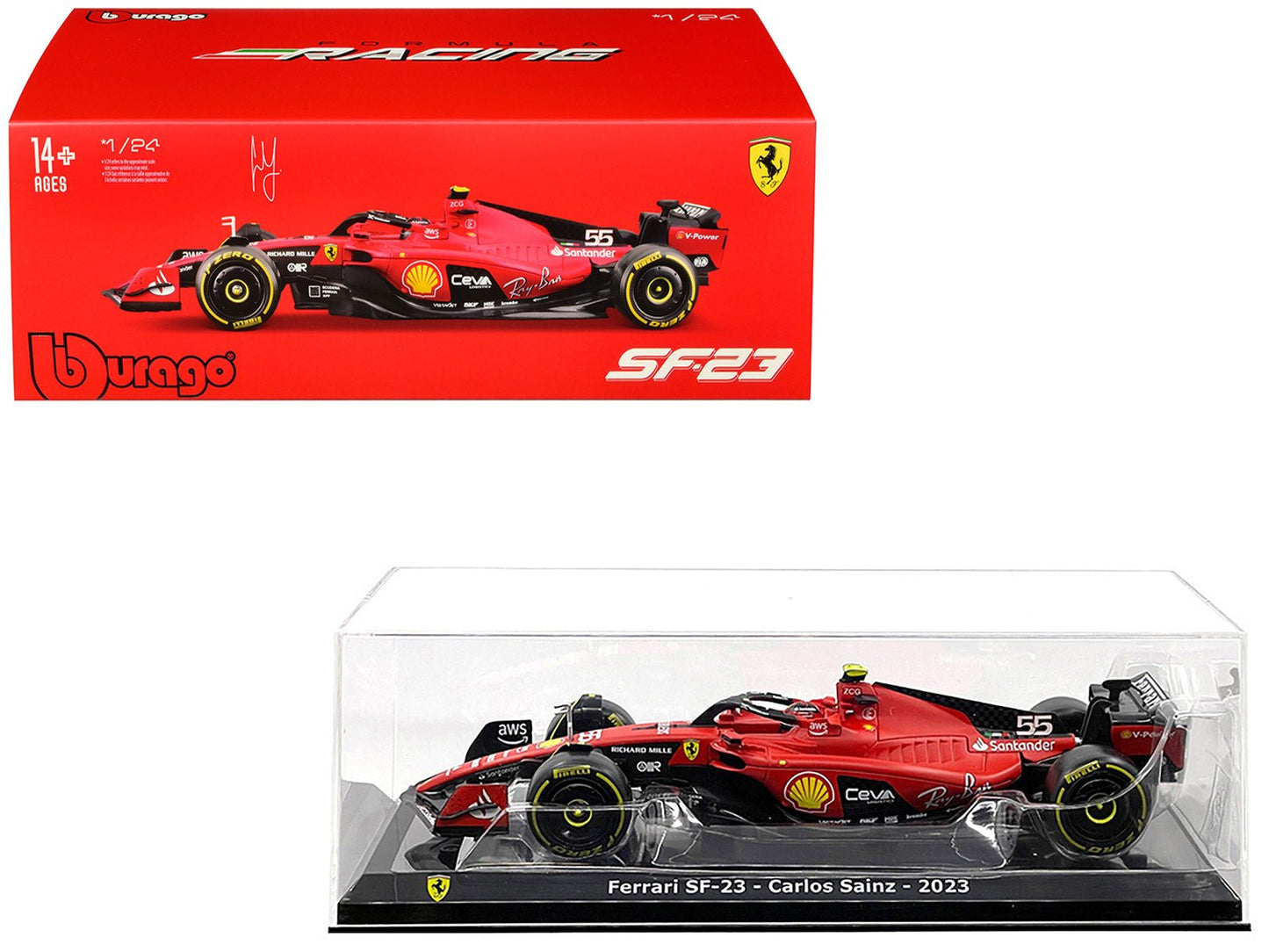 Ferrari SF-23 #55 Carlos Sainz Formula One F1 World Championship (2023) "Formula Racing" Series 1/24 Diecast Model Car by Bburago free shipping USA