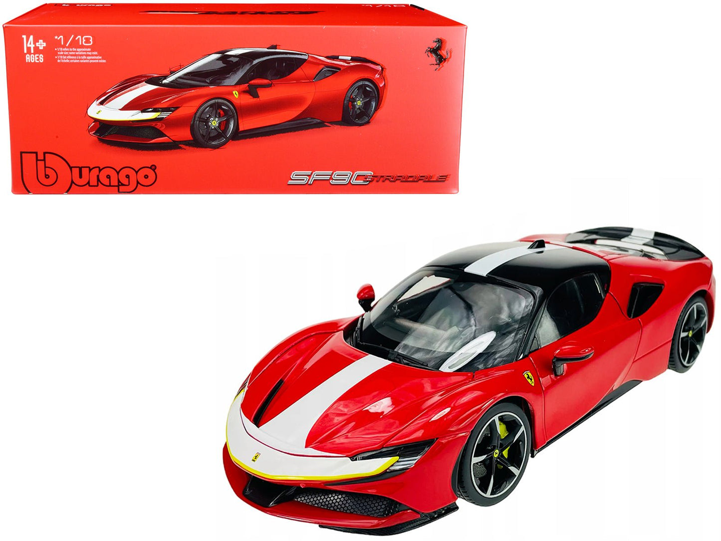 Ferrari SF90 Stradale Assetto Fiorano Red with White Stripes "Signature Series" 1/18 Diecast Model Car by Bburago free shipping USA