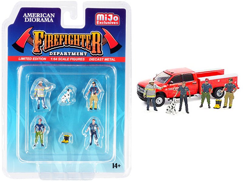 "Firefighter II" 6 piece Diecast Set (4 Figurines 1 Dog and 1 Accessory) for 1/64 Scale Models by American Diorama free shipping USA