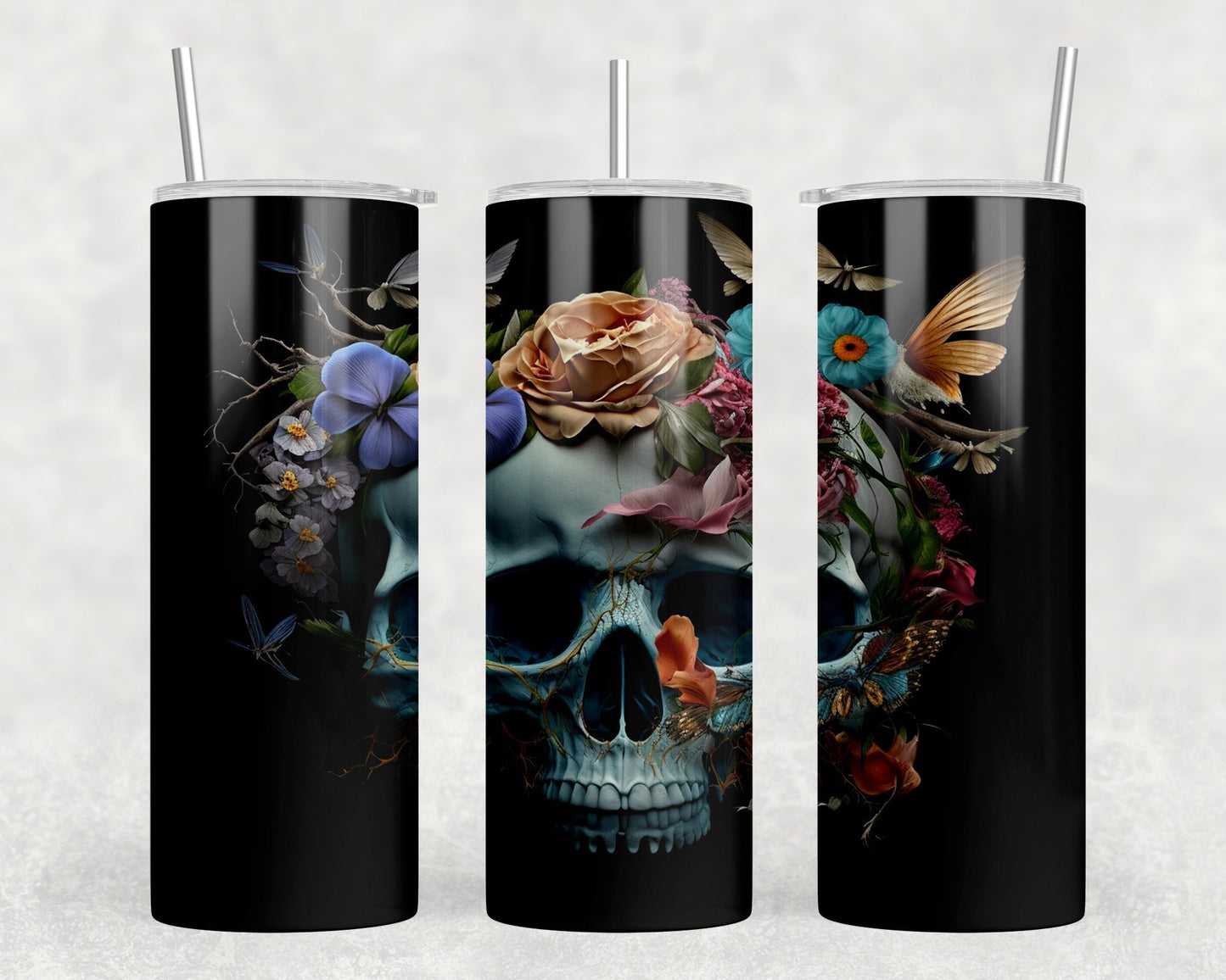 Floral Skull - 20 oz Steel Skinny Tumbler - Optional Blue Tooth Speaker - Speaker Color will Vary by Rowdy Ridge Co