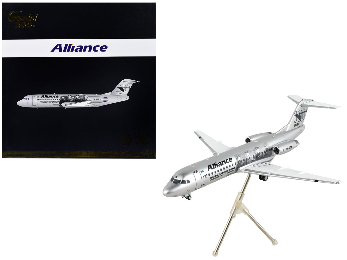 Fokker F70 Commercial Aircraft "Alliance Airlines - 100 Years First Flight from England" Silver Metallic "Gemini 200" Series 1/200 Diecast Model Airplane by GeminiJets free shipping USA