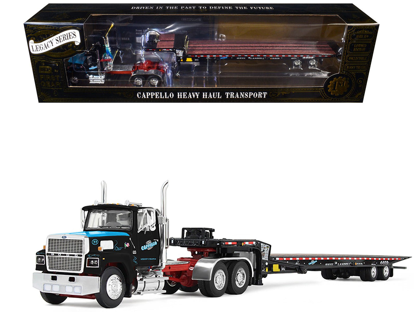 Ford LTL 9000 Day Cab and Landoll 440B-50CA Traveling Axle Trailer "Cappello Heavy Transport" Black with Blue Hood "Legacy" Series #3 1/64 Diecast Model by DCP/First Gear free shipping USA