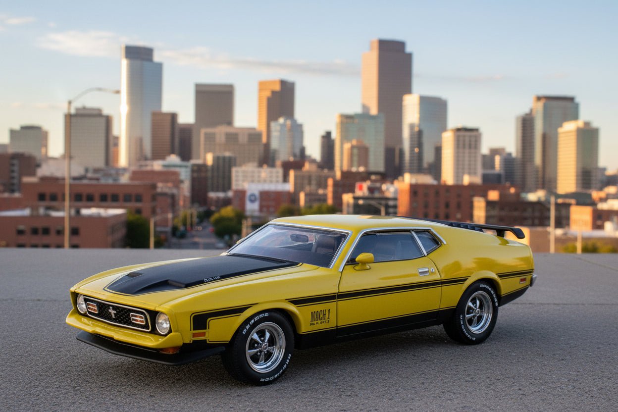 Ford Mustang Mach 1 Grabber Yellow with Black Hood and Stripes Limited Edition 1/64 Diecast Model Car by Mini GT free shipping USA