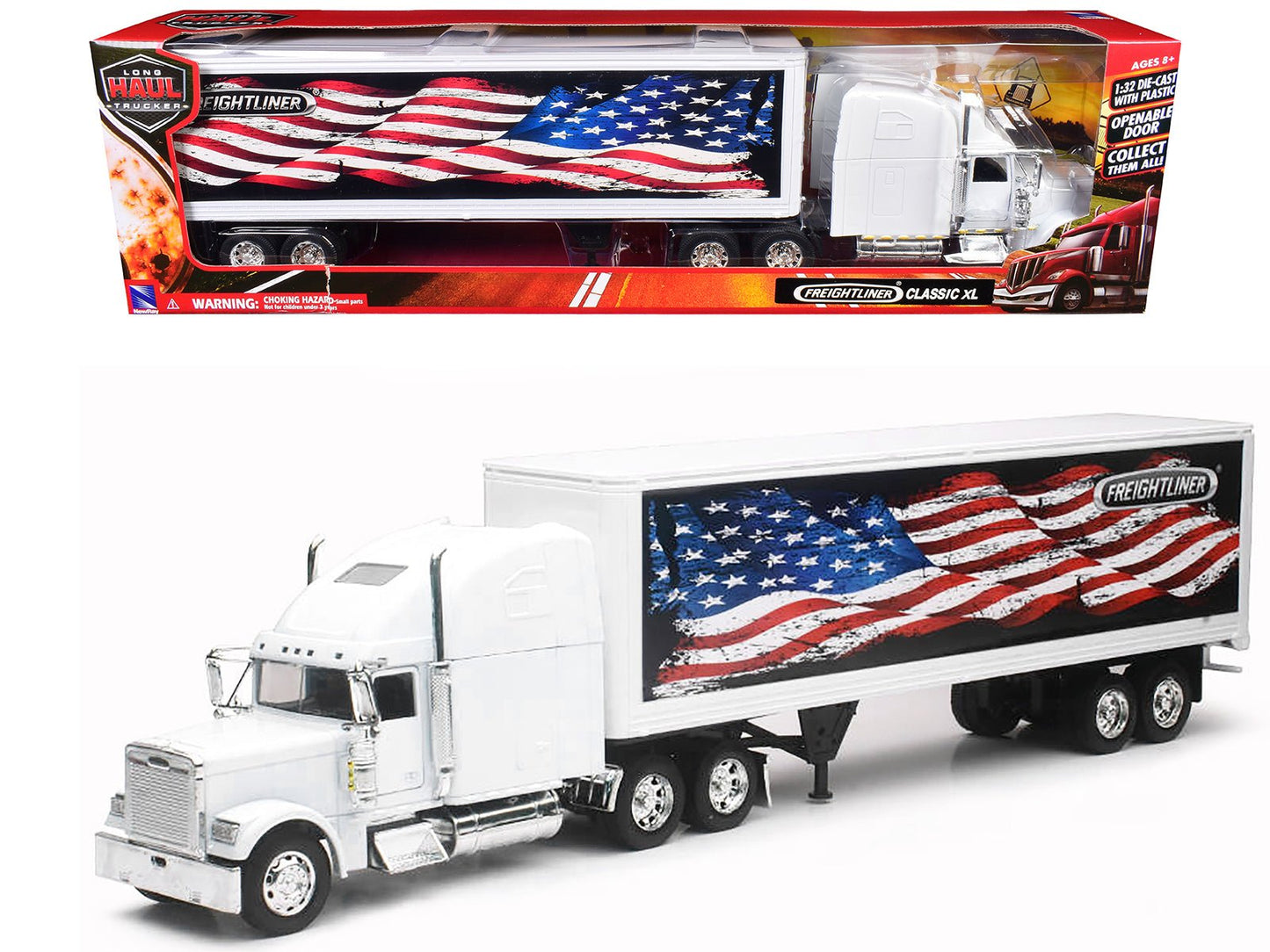 Freightliner Classic XL Truck White with Dry Van Trailer White with Patriotic Graphic "Long Haul Truckers" Series 1/32 Diecast Model by New Ray free shipping USA