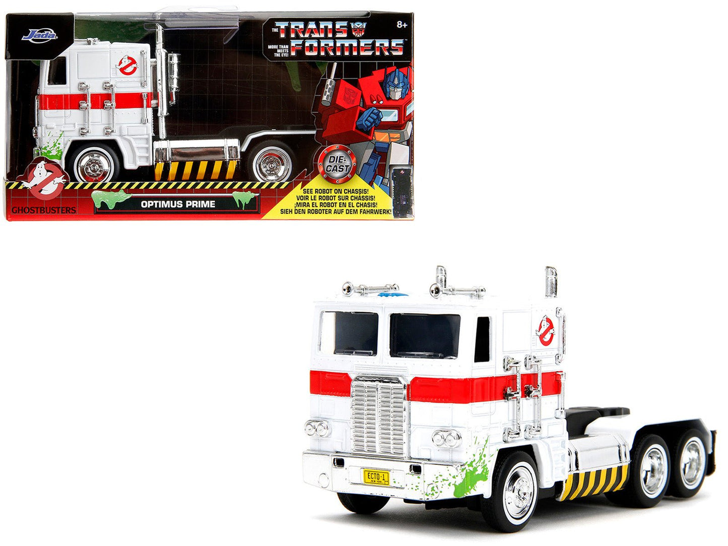 G1 Autobot Optimus Prime Truck White with Robot on Chassis from "Transformers" TV Series - "Ghostbusters" (1984) Movie Crossover "Hollywood Rides" Series Diecast Model by Jada free shipping USA