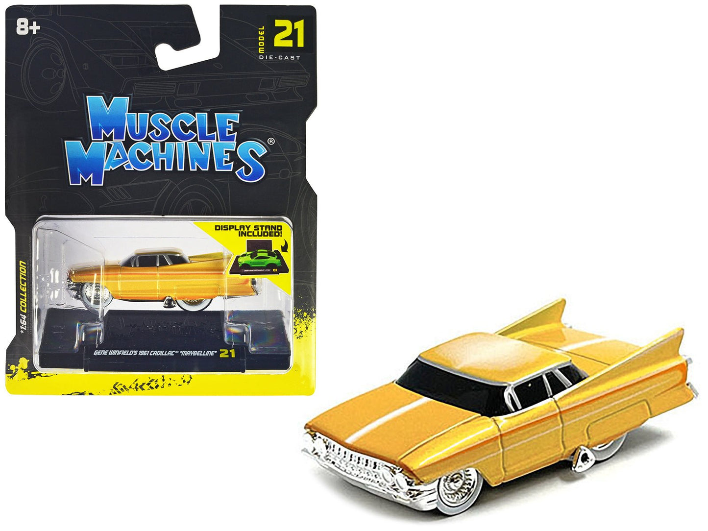 Gene Winfield’s 1961 Cadillac Maybelline Yellow Metallic with White Stripes 1/64 Diecast Model Car by Muscle Machines free shipping USA