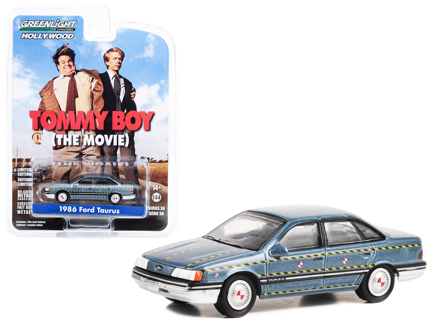 1986 Ford Taurus Blue Metallic "Zalinsky Auto Parts" Crash Test Vehicle "Tommy Boy" (1995) Movie "Hollywood Series" Release 38 1/64 Diecast Model Car by Greenlight free shipping USA