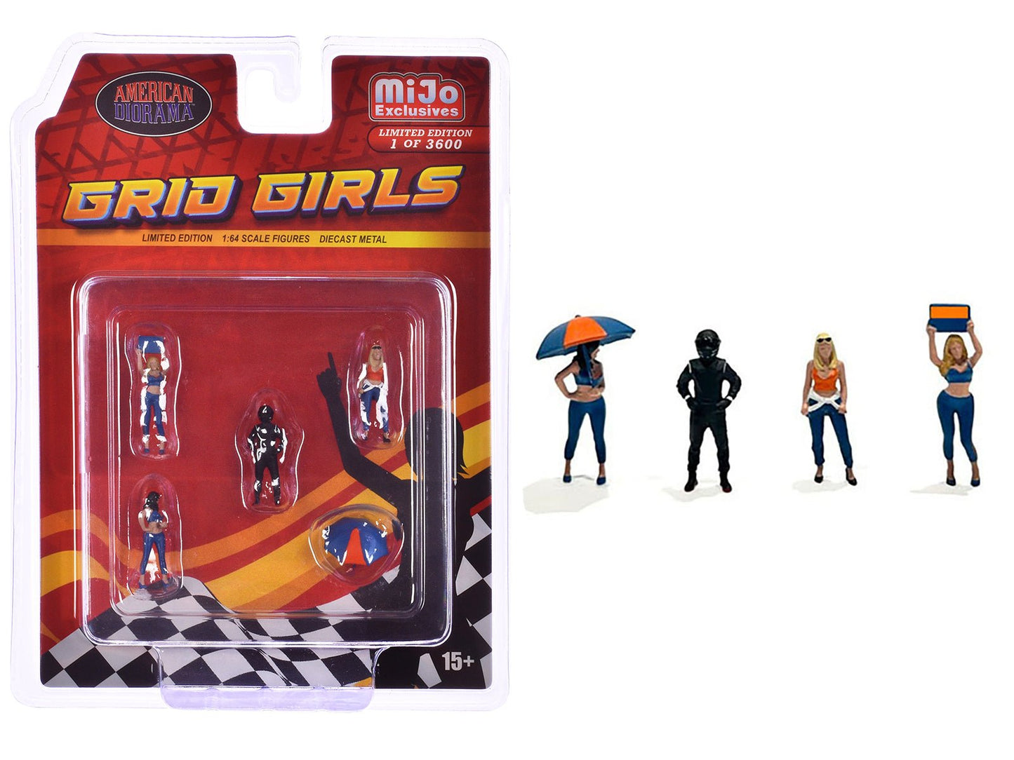"Grid Girls" 5 piece Diecast Figure Set (4 People Figures 1 Umbrella) Limited Edition to 3600 pieces Worldwide for 1/64 Scale Models by American Diorama free shipping USA
