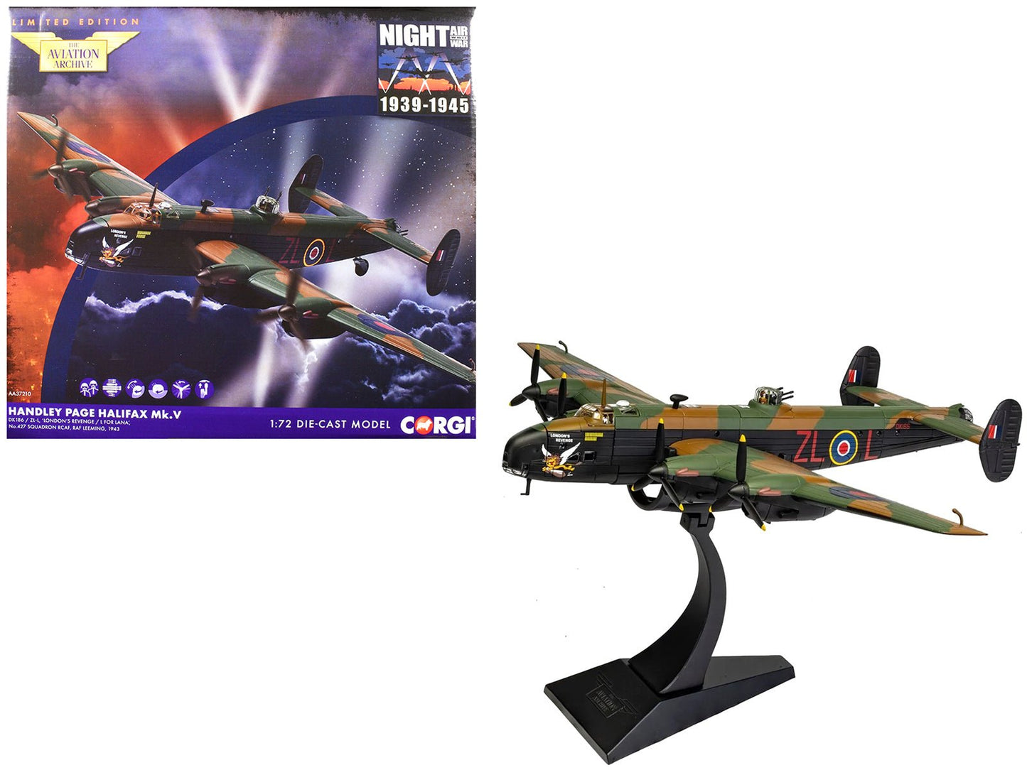 Handley Page Halifax MkV Bomber Aircraft "DK186 London’s Revenge - L for Lana No. 427 Squadron RAF Leeming" (1943) Royal Canadian Air Force "The Aviation Archive" Series 1/72 Diecast Model by Corgi free shipping USA