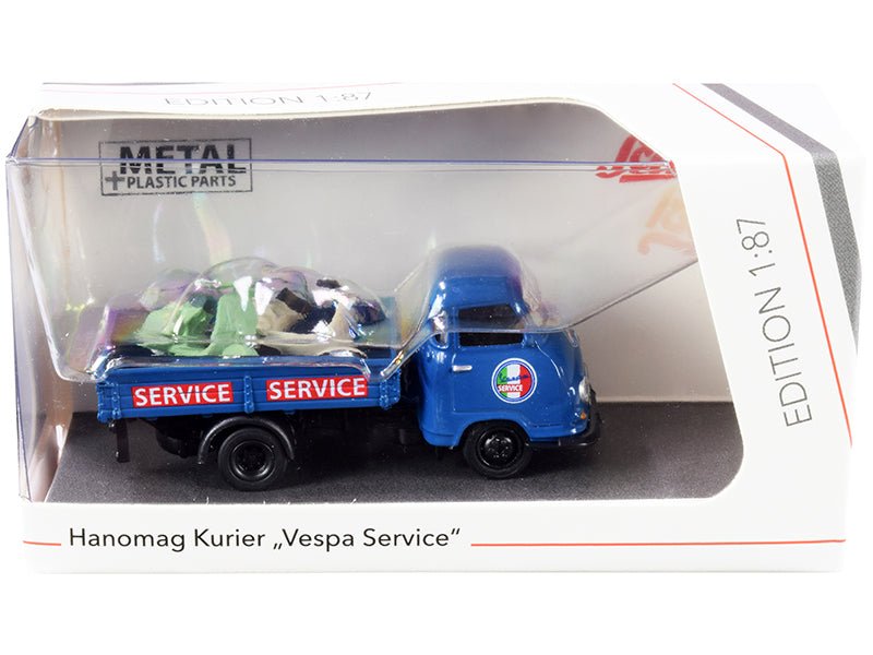Hanomag Kurier Transporter "Vespa Service" Blue with 2 Vespas (Green and Cream) 1/87 (HO) Diecast Models by Schuco free shipping USA