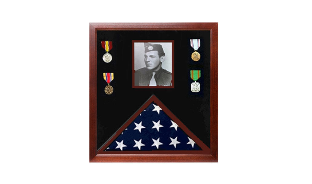 Photo Flag and Medal Display Case, Flag and Photo Frame - Black