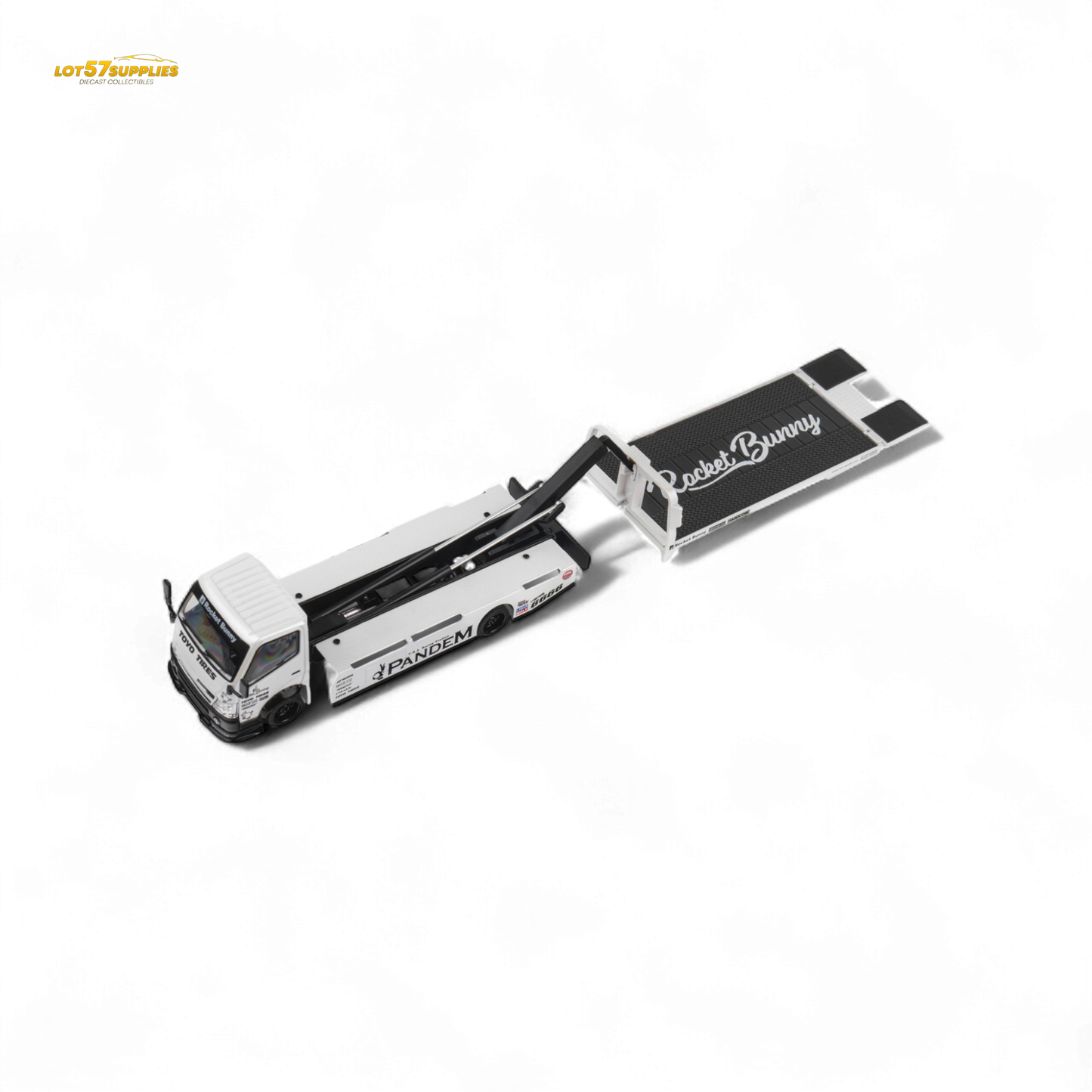 MicroTurbo HINO 300 Flat Bed Transport Truck in Pandem Rocket Bunny White 1:64