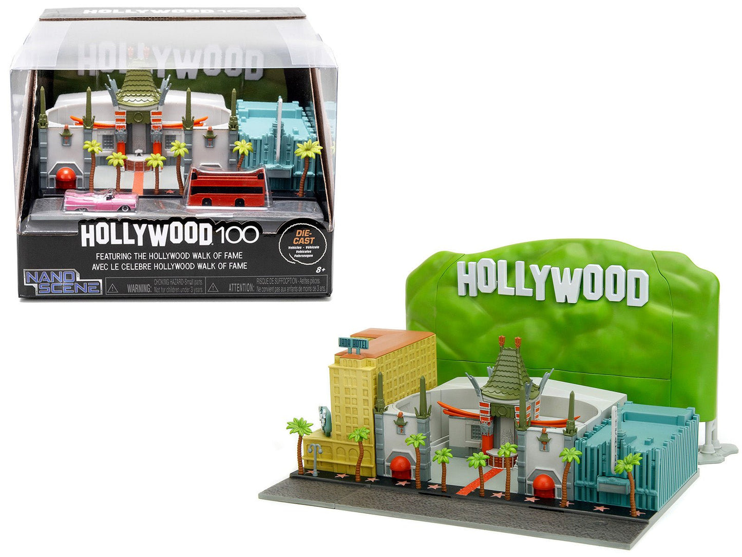 "Hollywood 100" Walk of Fame Diorama with Pink Convertible and Double-Decker Bus "Nano Scene" Series model by Jada free shipping USA