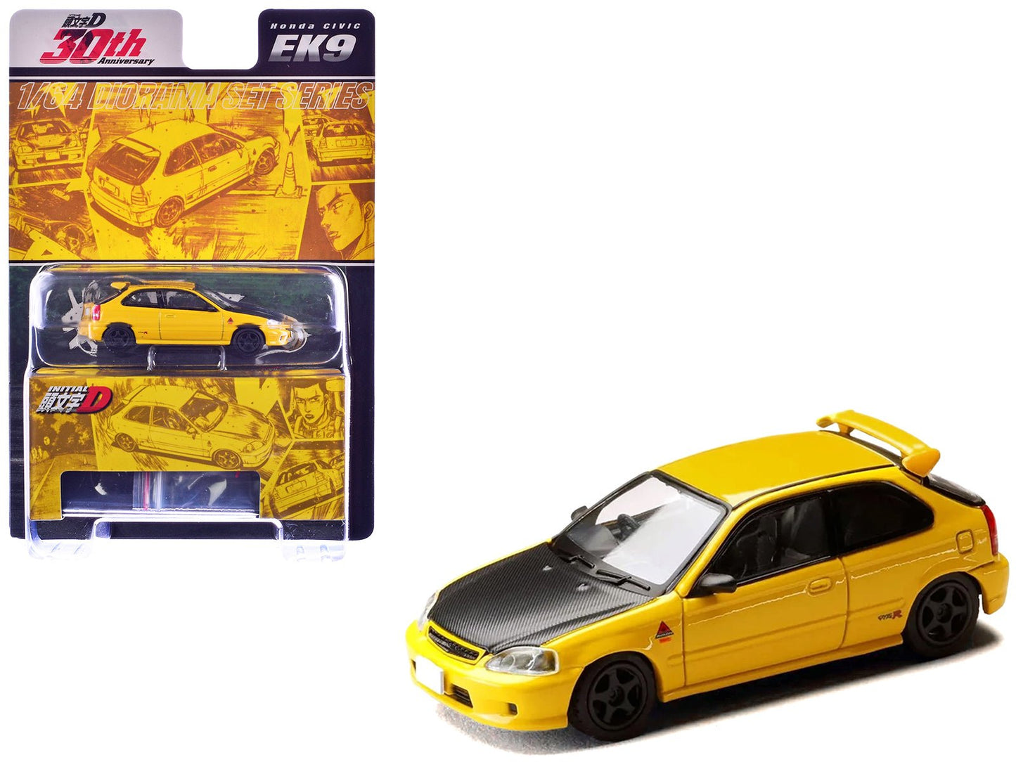 Honda Civic (EK9) RHD (Right Hand Drive) Yellow with Carbon Hood "Initial D" (1995-2013) Manga "Diorama Set Series" 1/64 Diecast Model car by Hobby Japan free shipping USA