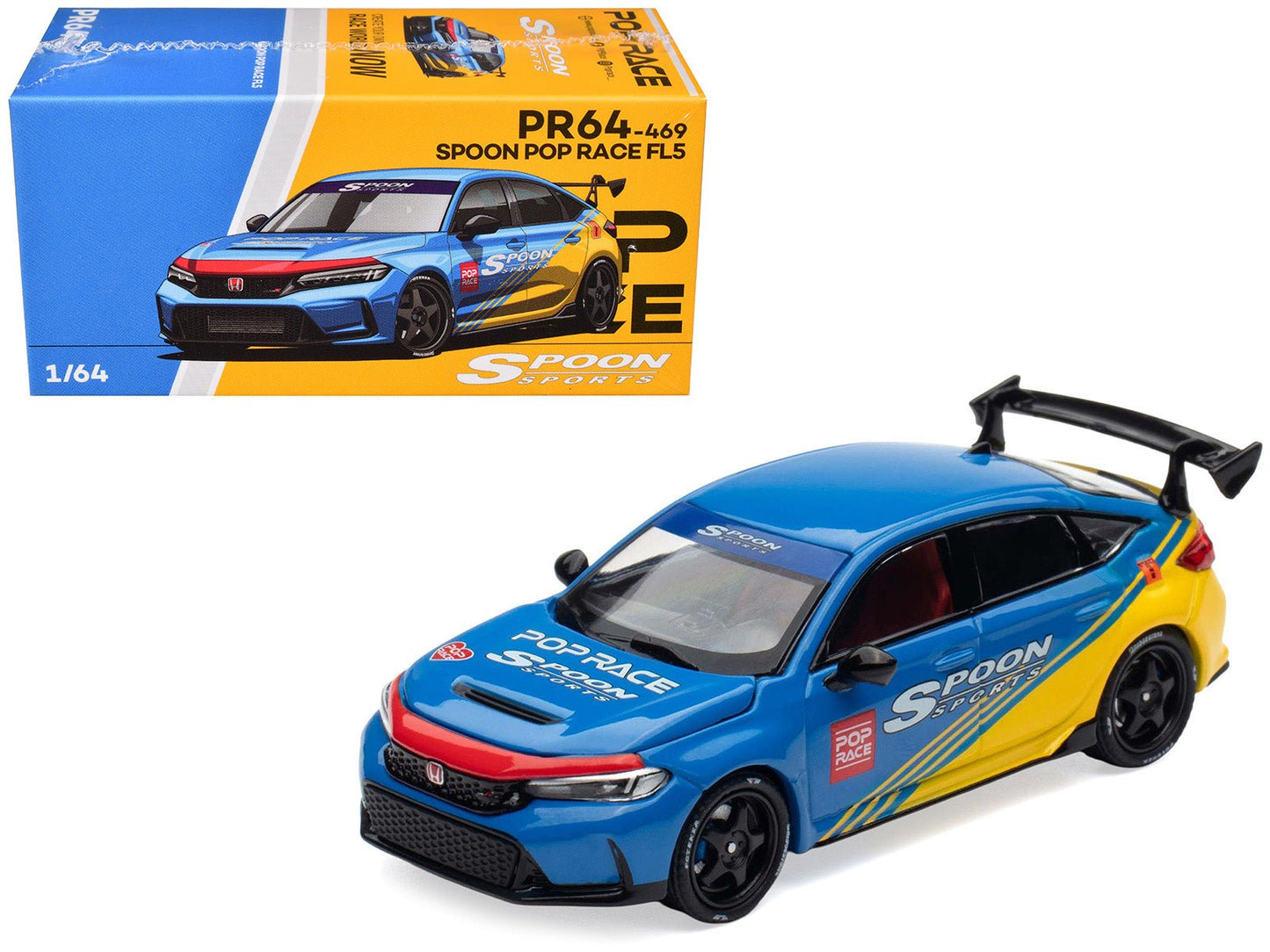 Honda Civic Type R FL5 "Spoon Sports" Blue and Yellow "Tokyo Auto Salon - Hong Kong 2025" 1/64 Diecast Model Car by Pop Race free shipping USA