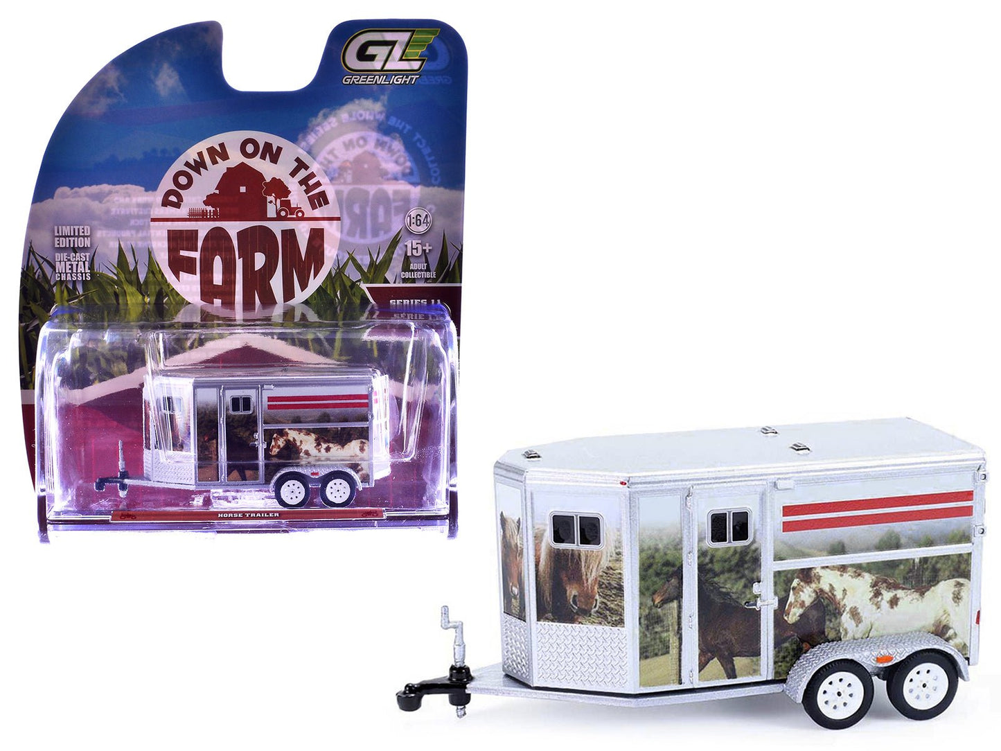 Horse Trailer Silver with Custom Horse Wrap "Down on the Farm" Series 11 1/64 Diecast Model by Greenlight free shipping USA