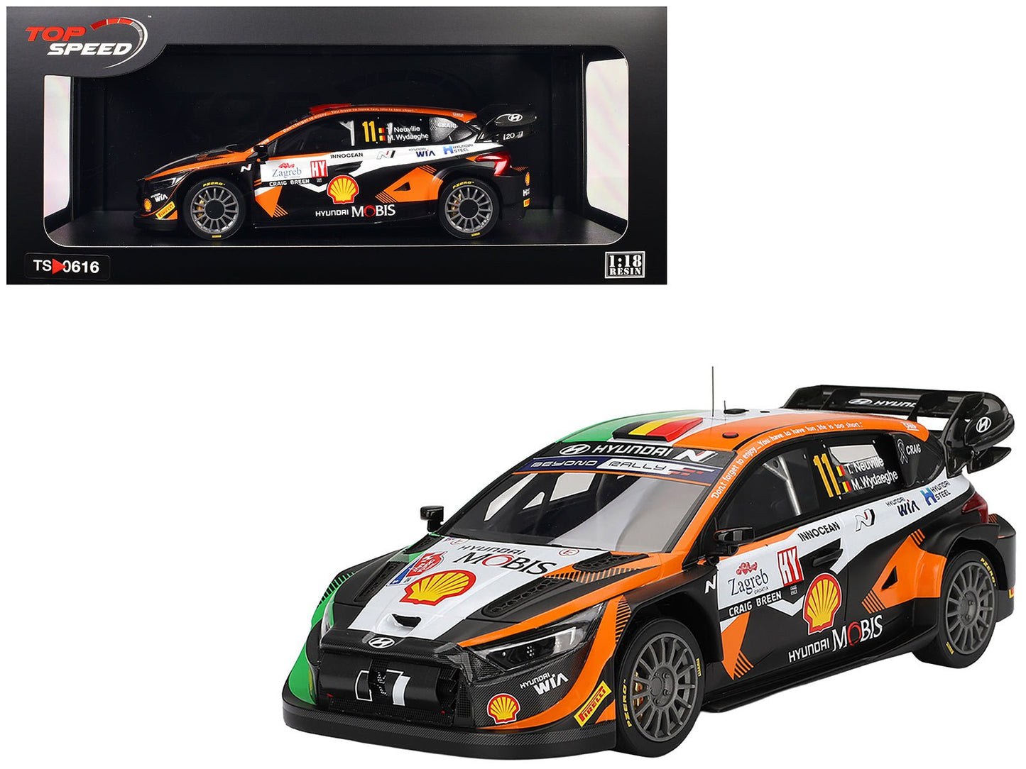 Hyundai i20 N Rally1 Hybrid #11 Thierry Neuville - Martijn Wydaeghe "Hyundai Shell Mobis WRT" Winner "Rally Croatia Power Stage" (2023) 1/18 Model Car by Top Speed free shipping USA