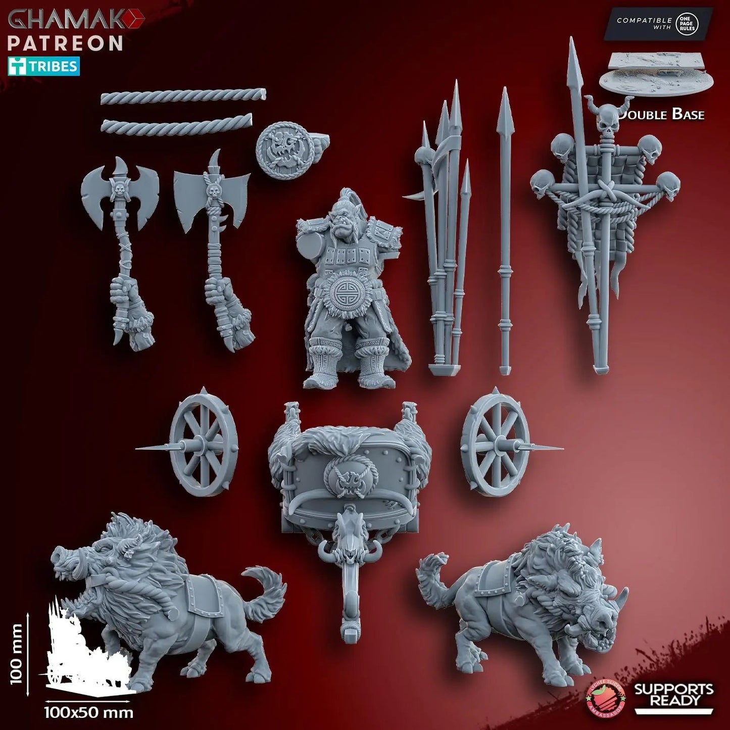Orc Chieftain on Wild Boar Chariot by Ghamak Fantasy 28/32mm Scale Miniature, 100mm x 100mm, Vehicle
