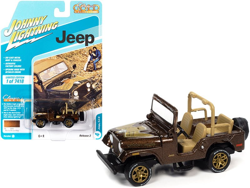 Jeep CJ-5 Mocha Brown Metallic with Golden Eagle Graphics "Classic Gold Collection" Series Limited Edition to 7418 pieces Worldwide 1/64 Diecast Model Car by Johnny Lightning free shipping USA