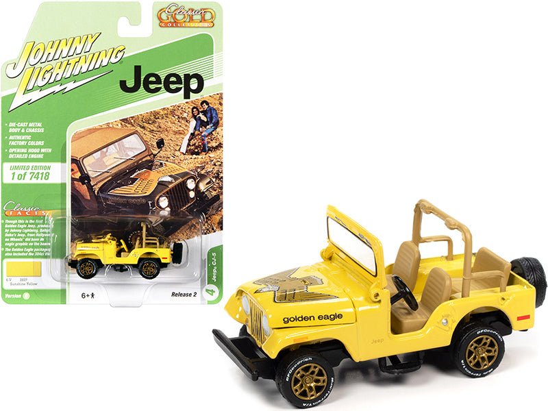 Jeep CJ-5 Sunshine Yellow with Golden Eagle Graphics "Classic Gold Collection" Limited Edition to 7418 pieces Worldwide 1/64 Diecast Model Car by Johnny Lightning free shipping USA