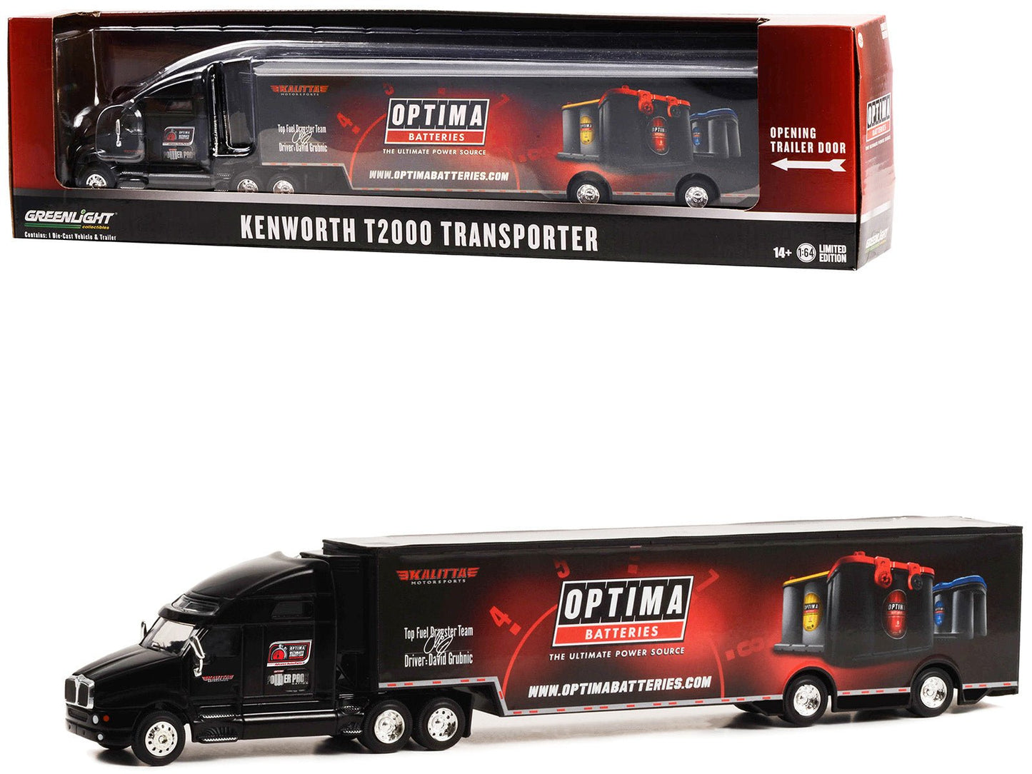 Kenworth T2000 Transporter Black "OPTIMA Batteries: The Ultimate Power Source" "Hobby Exclusive" Series 1/64 Diecast Model by Greenlight free shipping USA