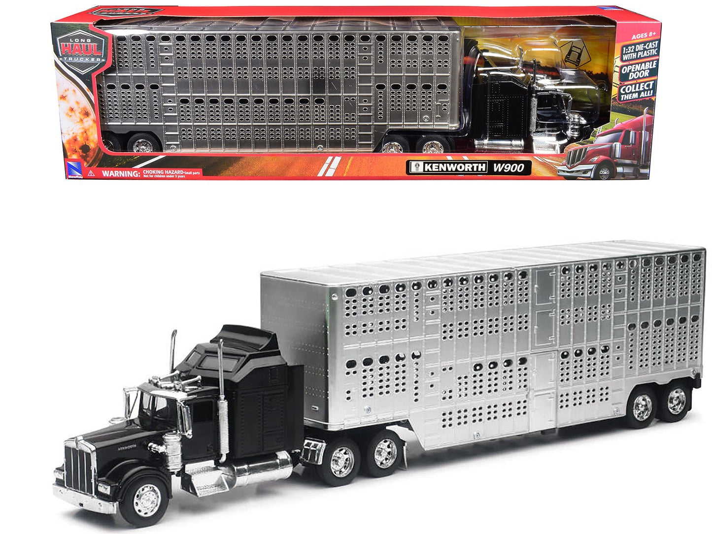 Kenworth W900 Truck Black with Pot Belly Livestock Chrome "Long Haul Truckers" Series 1/32 Diecast Model by New Ray free shipping USA