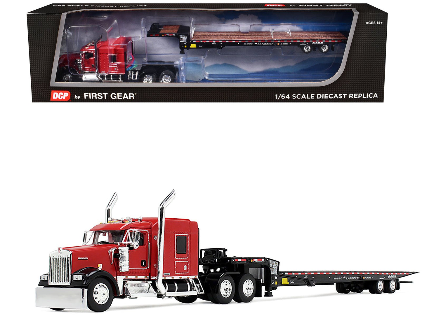 Kenworth W900L with 72" AeroCab Sleeper and Landoll 440B50CA Traveling Axle Trailer Viper Red and Black 1/64 Diecast Model by DCP/First Gear free shipping USA