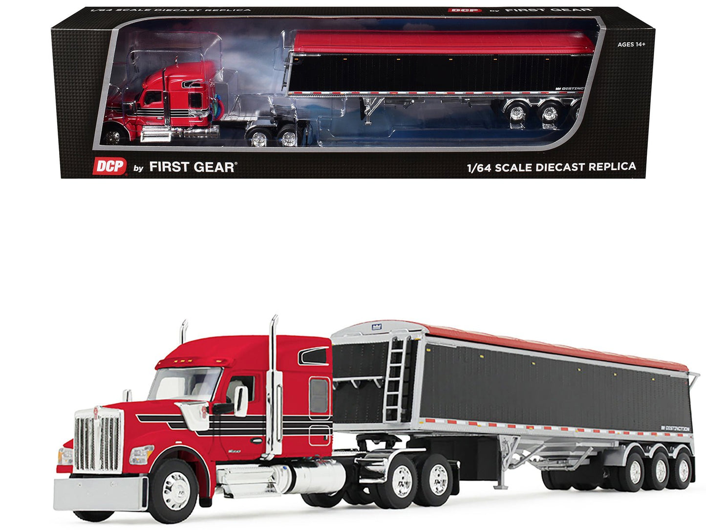 Kenworth W990 with 76" Mid-Roof Sleeper and Lode King Distinction Hopper Trailer Red and Black 1/64 Diecast Model by DCP/First Gear free shipping USA