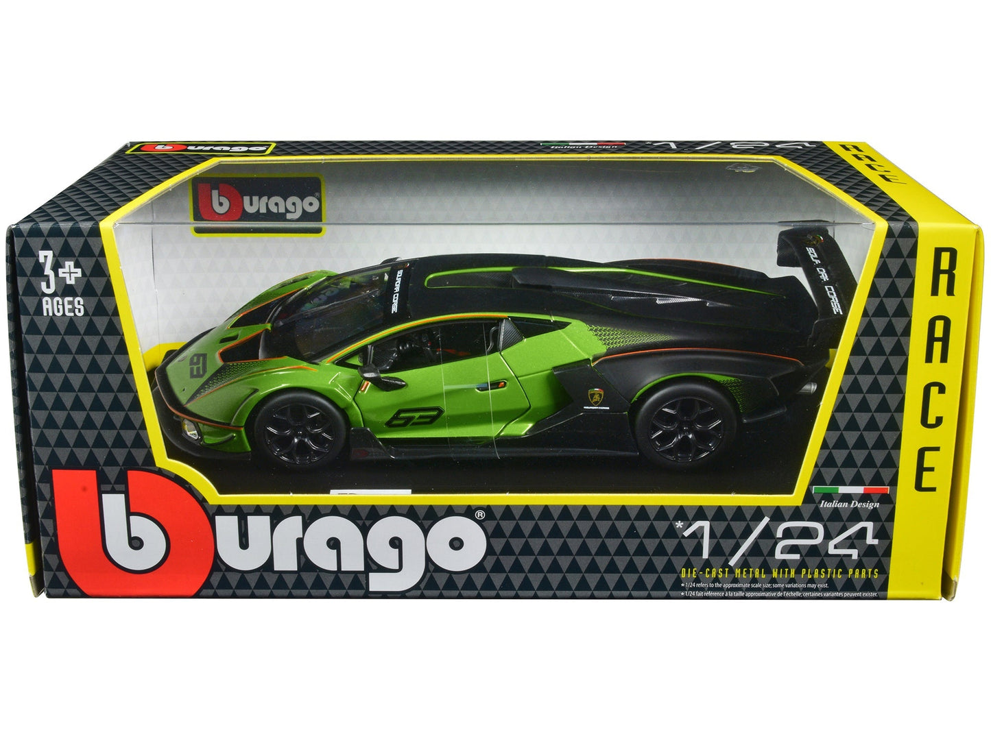 Lamborghini Essenza SCV12 #63 Green Metallic and Black "Squadra Corse" "Race" Series 1/24 Diecast Model Car by Bburago free shipping USA