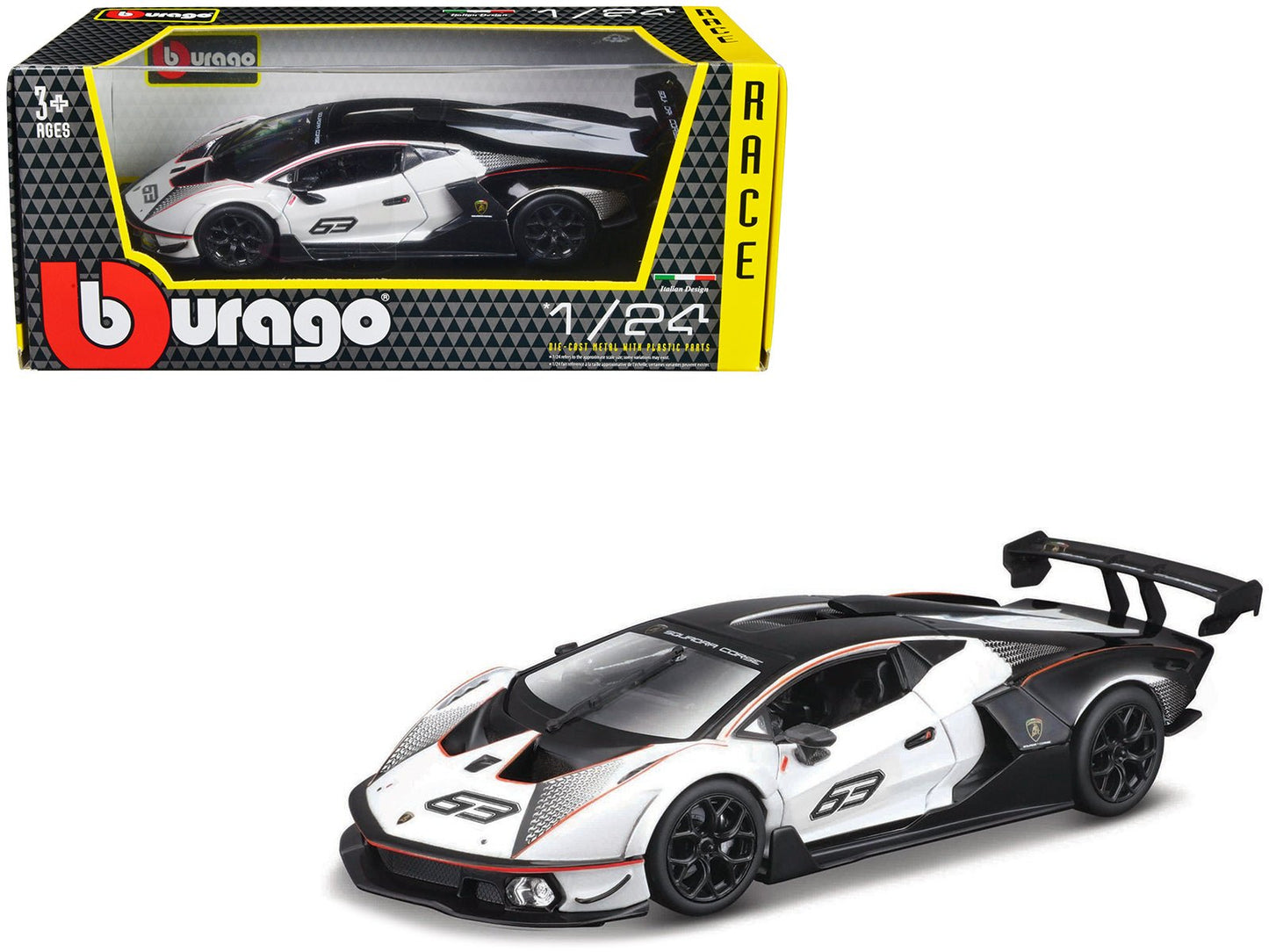 Lamborghini Essenza SCV12 #63 White and Black "Squadra Corse" "Race" Series 1/24 Diecast Model Car by Bburago free shipping USA