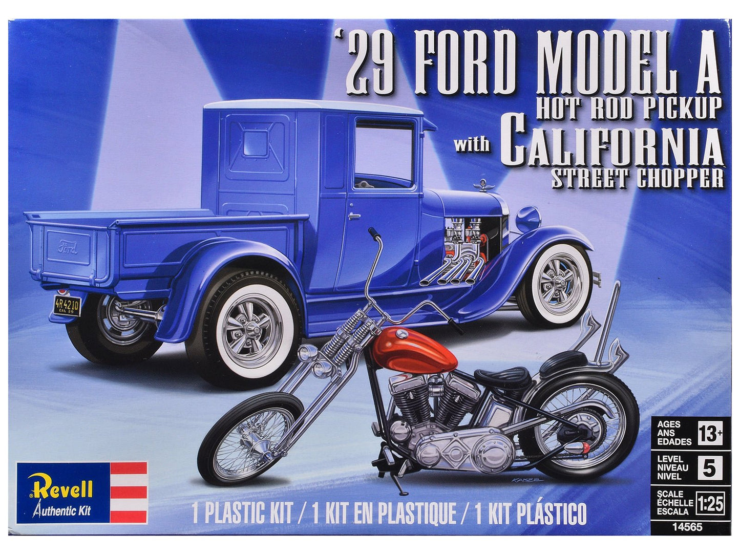 Level 5 Model Kit 1929 Ford Model A Hot Rod Pickup Truck and California Street Chopper Motorcycle 1/25 Scale Model by Revell free shipping USA