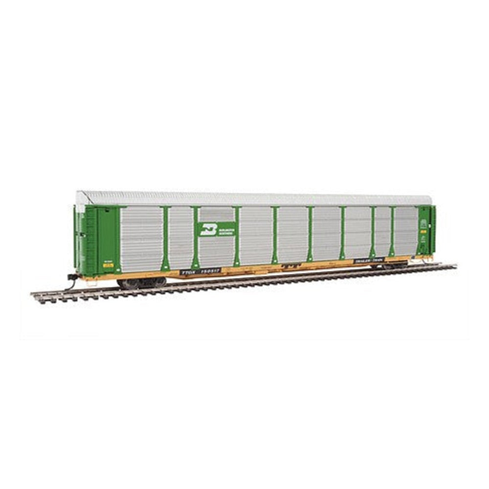 Walthers Proto 101323 HO Scale 89' Thrall Bi-Level Auto Carrier - Ready To Run -- Burlington Northern #150517 / TTGX Flat (Car: green, silver; Flat: yellow)
