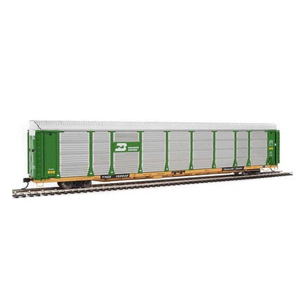 Walthers Proto 101325 HO Scale 89' Thrall Bi-Level Auto Carrier - Ready To Run -- Burlington Northern Rack, TTGX Flatcar #150942 (green, silver; yellow Flat)