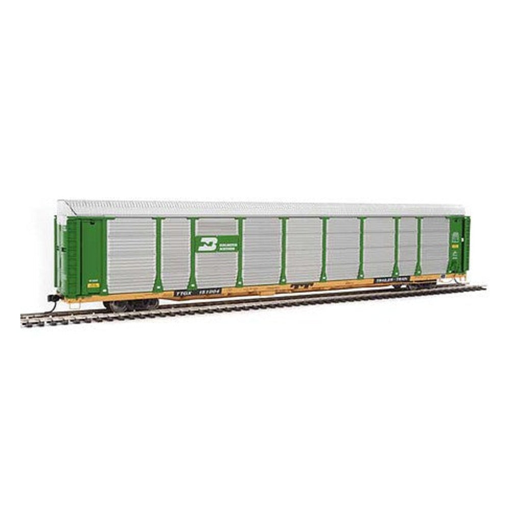 Walthers Proto 101326 HO Scale 89' Thrall Bi-Level Auto Carrier - Ready To Run -- Burlington Northern Rack, TTGX Flatcar #151004 (green, silver; yellow Flat)