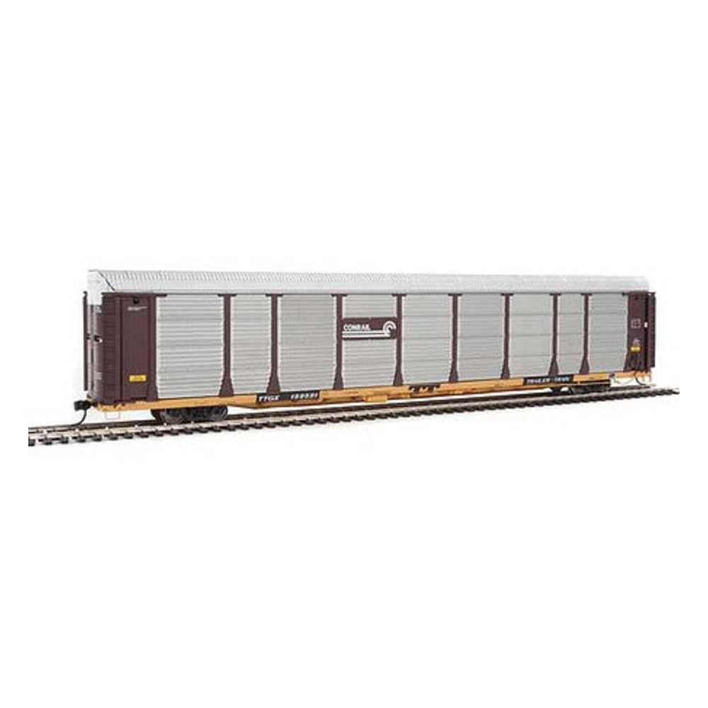 Walthers Proto 101333 HO Scale 89' Thrall Bi-Level Auto Carrier - Ready To Run -- Conrail Rack, TTGX Flatcar #159591 (Boxcar Red, silver; yellow Flat)