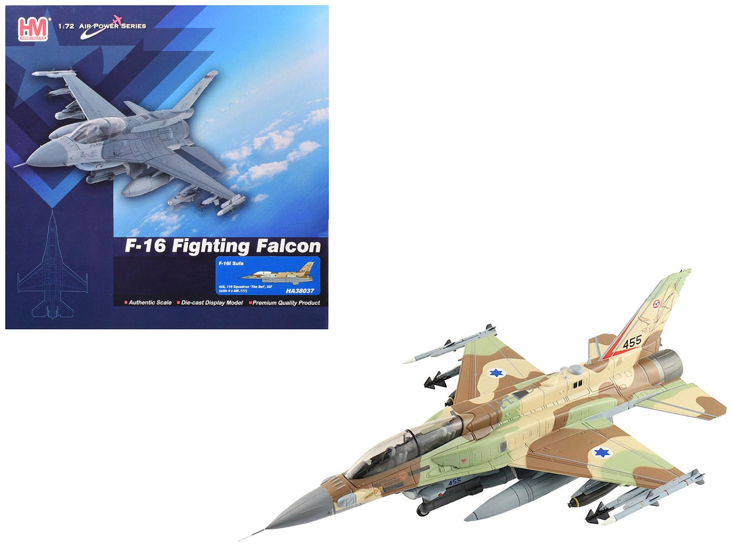 Lockheed F-16I Fighting Falcon Fighter Aircraft "455 Sufa 119 Squadron The Bat" Israeli Air Force "Air Power Series" 1/72 Diecast Model by Hobby Master free shipping USA