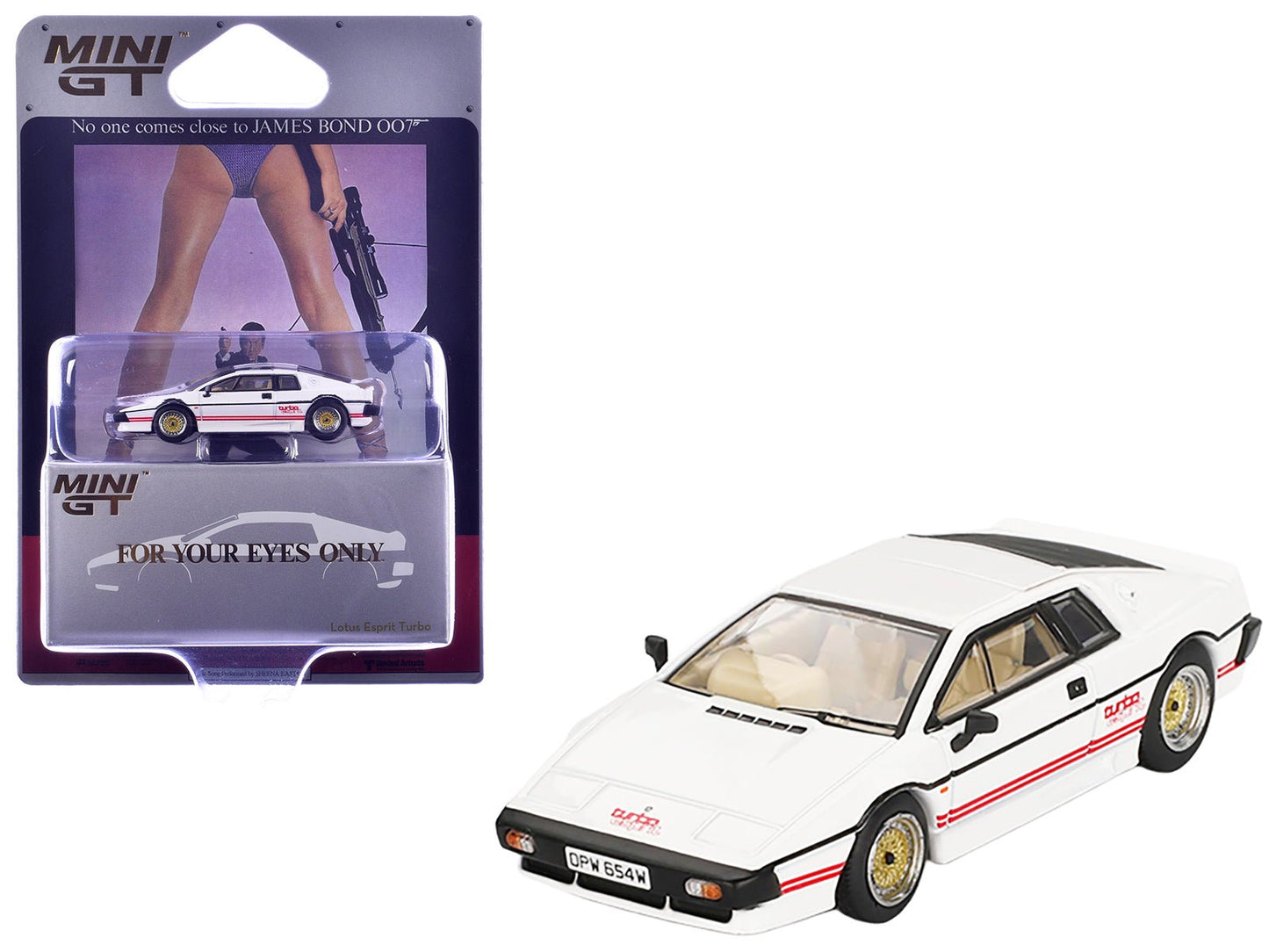 Lotus Esprit Turbo RHD (Right Hand Drive) White with Red Stripes 007 James Bond "For Your Eyes Only" (1981) Movie Limited Edition 1/64 Diecast Model Car by Mini GT free shipping USA