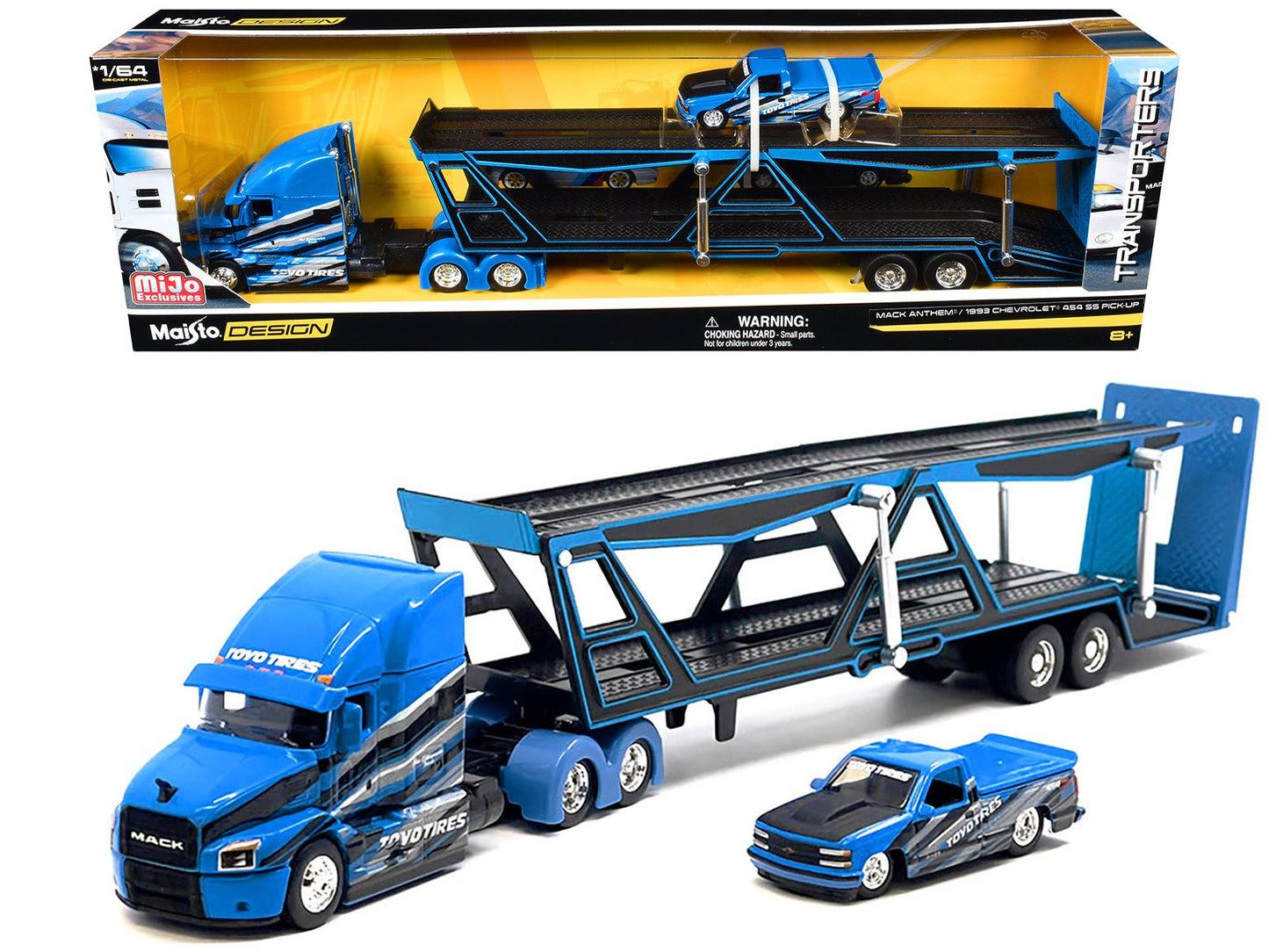 Mack Anthem Open Car Hauler Blue with Graphics and 1993 Chevrolet 454 SS Pickup Truck Blue with Graphics "Toyo Tires" "Transporters" Series 1/64 Diecast Models by Maisto free shipping USA