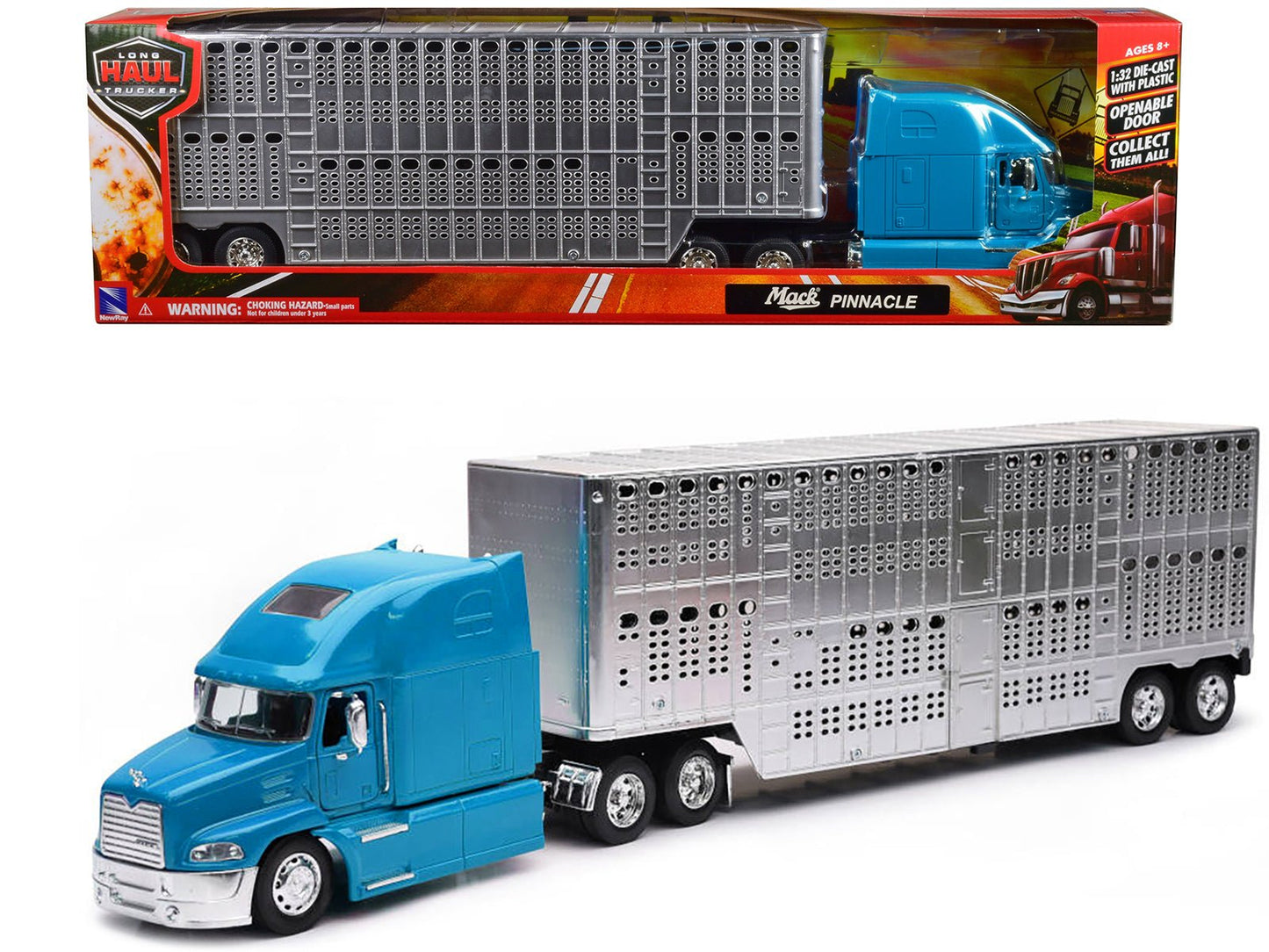 Mack Pinnacle Truck with Pot Belly Livestock Trailer Blue and Chrome "Long Haul Truckers" Series 1/32 Diecast Model by New Ray free shipping USA
