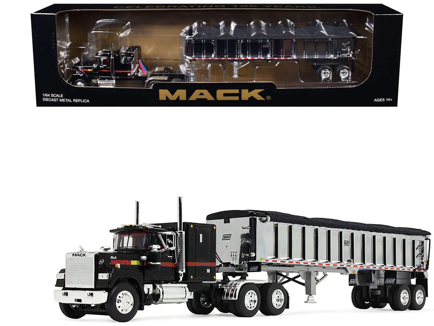 Mack Super-Liner with 60" Flat Top Sleeper and East End Dump Trailer Black 1/64 Diecast Model by DCP/First Gear free shipping USA